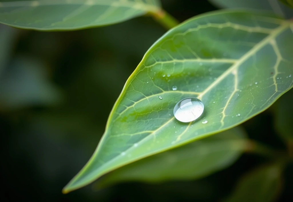 Una singola foglia verde con una goccia di rugiada, messa a fuoco in primo piano, con uno sfondo bokeh sfocato e morbido, che simboleggia la purezza e la freschezza della natura.