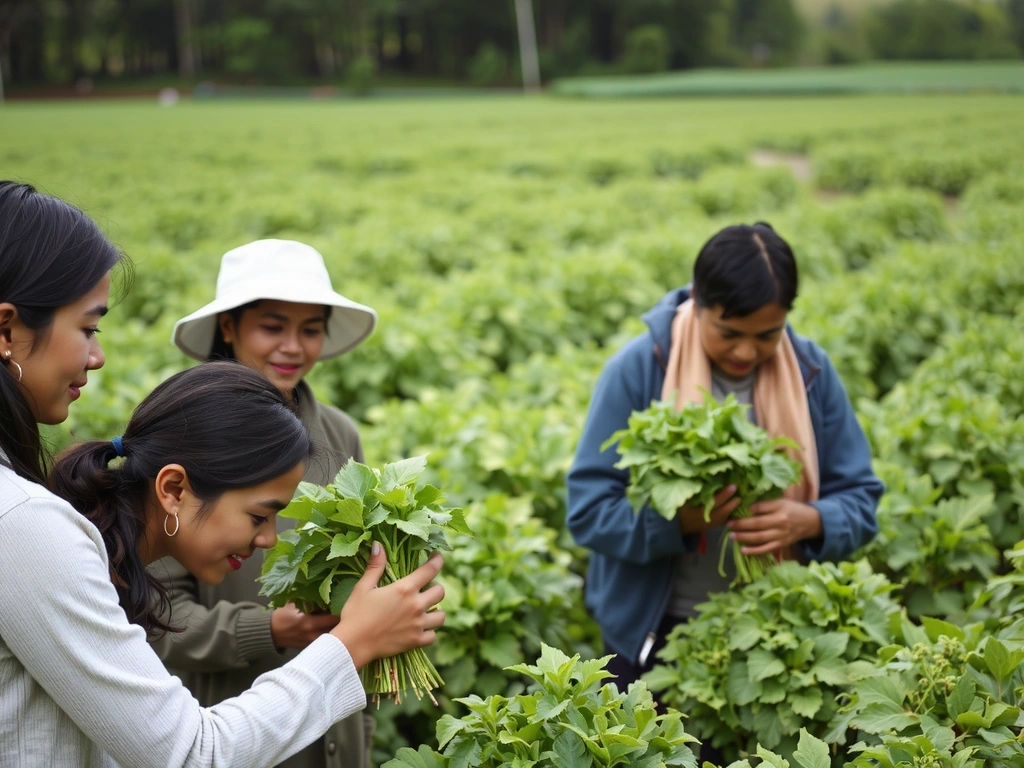 Comunità agricola che raccoglie erbe in modo sostenibile, mostrando etica