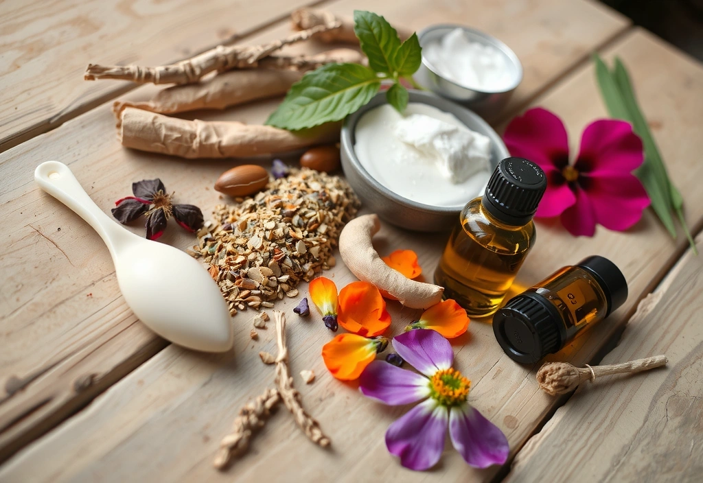 Vari ingredienti naturali come erbe, fiori e oli su un tavolo di legno